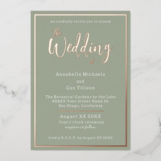 Invitation En Aluminium Élégant Rose Gold Foil sur Sage Green Mariage (Recto)
