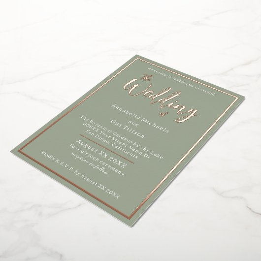 Invitation En Aluminium Élégant Rose Gold Foil sur Sage Green Mariage (Rotation)