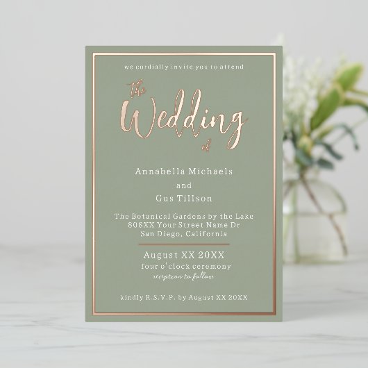 Invitation En Aluminium Élégant Rose Gold Foil sur Sage Green Mariage (Debout devant)