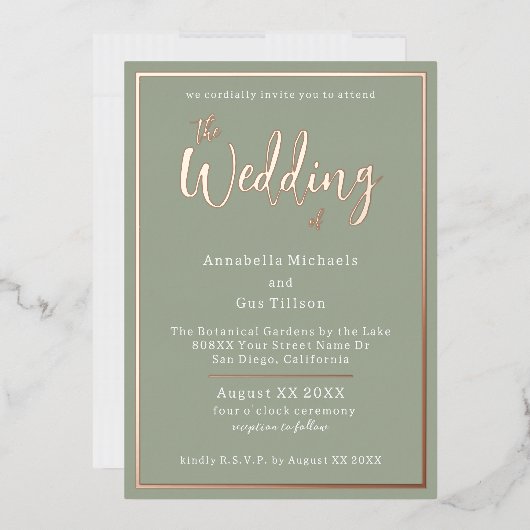 Invitation En Aluminium Élégant Rose Gold Foil sur Sage Green Mariage (Enveloppe)