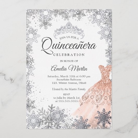 Invitation En Aluminium Élégant Rose Gold Hiver Flocon de neige Quinceaner (Recto)
