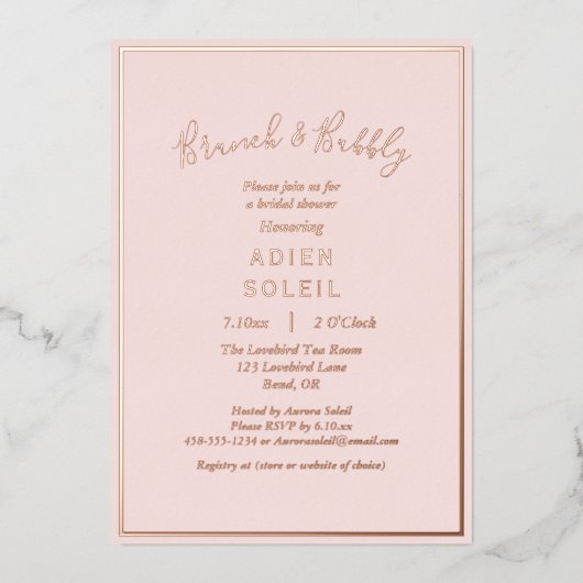 Invitation En Aluminium Elégant Rose moderne Blush Gold Brunch et Bubbly (Recto)