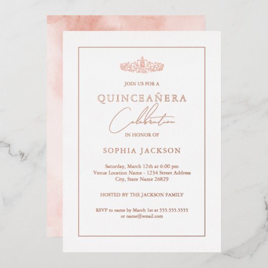 Invitation En Aluminium Elégant Rose or aquarelle Quinceanera Anniversaire (Recto/Verso)
