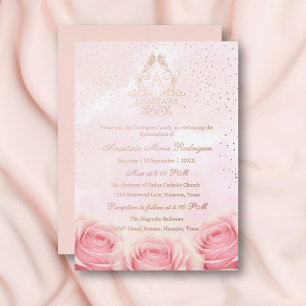 Invitation En Aluminium Élégant Rose or rose floral Monogram Quinceañera