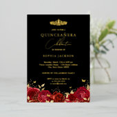 Invitation En Aluminium Élégant Rose rouge or papillon Quinceanera (Debout devant)