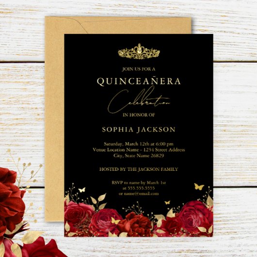 Invitation En Aluminium Élégant Rose rouge or papillon Quinceanera