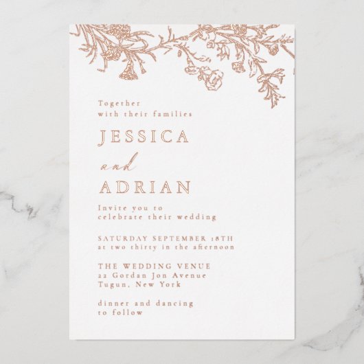 Invitation En Aluminium Élégant Rose victorien Mariage or (Recto)