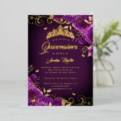 Invitation En Aluminium Élégant Rose violet Swirl Gold Quinceanera (Debout devant)