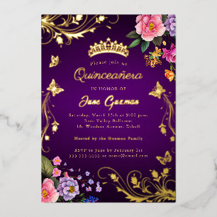 Invitation En Aluminium Elégant Rose violet Swirl Gold Quinceañera