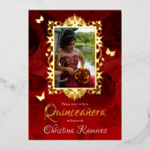 Invitation En Aluminium Élégant Rouge, Papillons Dorés Quinceanera (Recto)