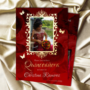 Invitation En Aluminium Élégant Rouge, Papillons Dorés Quinceanera