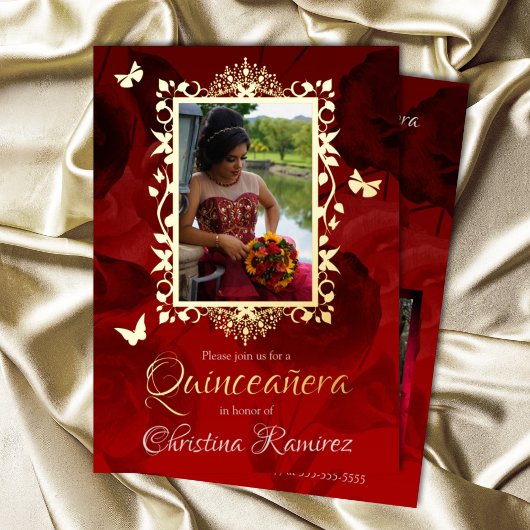 Invitation En Aluminium Élégant Rouge, Papillons Dorés Quinceanera