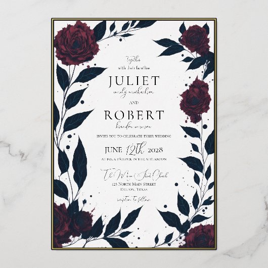 Invitation En Aluminium Elégant Rouge Rose Noir Leaf Mariage Or (Recto)