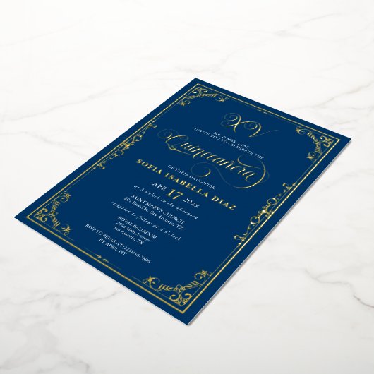 Invitation En Aluminium Elégant Royal Blue Quinceañera or ou argent (Rotation)