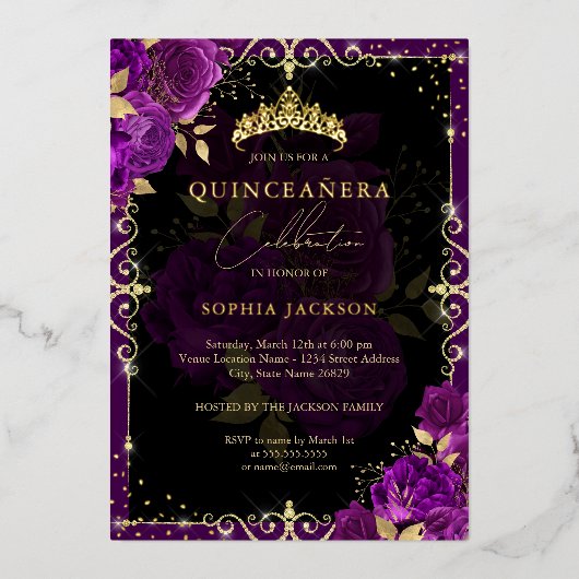Invitation En Aluminium Elégant Royal Purple Gold Rose Quinceanera (Recto)