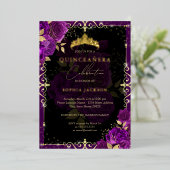 Invitation En Aluminium Elégant Royal Purple Gold Rose Quinceanera (Debout devant)
