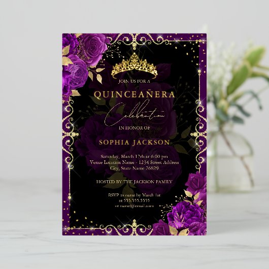 Invitation En Aluminium Elégant Royal Purple Gold Rose Quinceanera (Debout devant)
