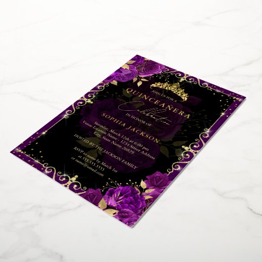 Invitation En Aluminium Elégant Royal Purple Gold Rose Quinceanera (Rotation)
