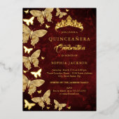 Invitation En Aluminium Elégant rubis rouge or papillon Quinceanera (Recto)