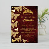 Invitation En Aluminium Elégant rubis rouge or papillon Quinceanera (Debout devant)