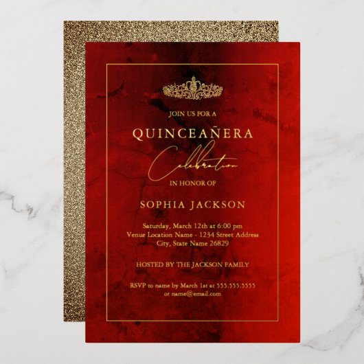 Invitation En Aluminium Elégant Ruby Red Gold Quinceanera 15e (Recto/Verso)