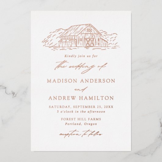 Invitation En Aluminium Elégant Rustic Grange Mariage Rose Or (Recto)