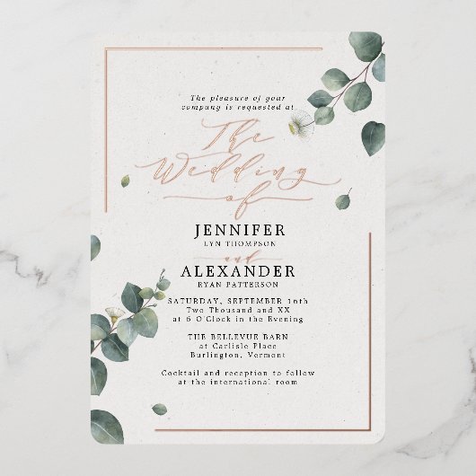 Invitation En Aluminium Élégant Rustique Eucalyptus Script Mariage Rose (Recto)