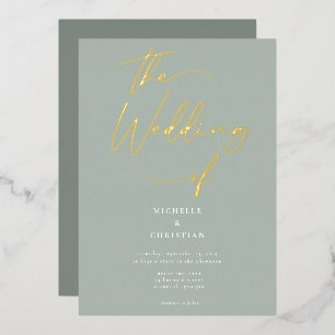 Invitation En Aluminium Élégant Sage Green Gold Calligraphy Script Mariage