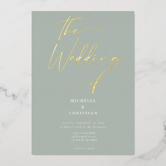 Invitation En Aluminium Élégant Sage Green Gold Calligraphy Script Mariage (Recto)