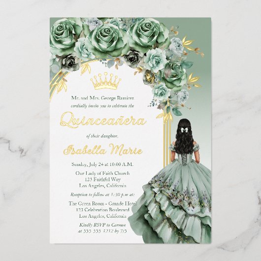 Invitation En Aluminium Elégant Sage Green Rose Floral Quinceañera Party (Recto)