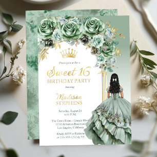 Invitation En Aluminium Elégant Sage Green Rose Floral Sweet 16 Party
