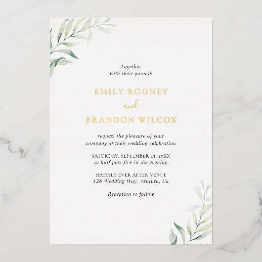 Invitation En Aluminium Elégant Sage Greenery Eucalyptus Mariage Gold (Recto)