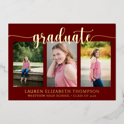 Invitation En Aluminium Élégant Script 3 Photo Maroon Graduation Gold (Recto)