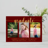 Invitation En Aluminium Élégant Script 3 Photo Maroon Graduation Gold (Debout devant)