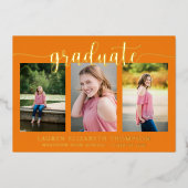 Invitation En Aluminium Élégant Script 3 Photo Orange Graduation Gold Foil (Recto)