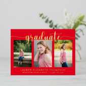 Invitation En Aluminium Élégant Script 3 Photo Red Graduation Gold (Debout devant)