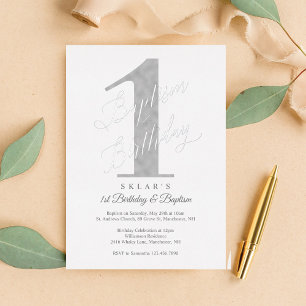 Invitation En Aluminium Élégant Script Argent 1er Anniversaire & Baptême B
