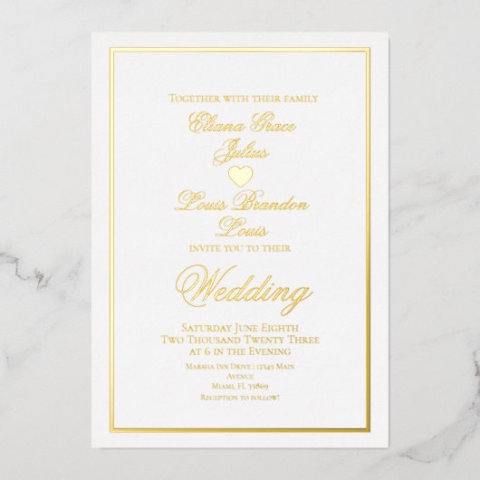 Invitation En Aluminium Élégant Script Bordure Mariage Coeur Pressé (Recto)