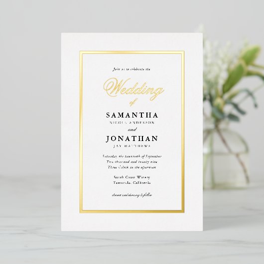Invitation En Aluminium Élégant Script Classic Minimal Mariage Gold (Debout devant)