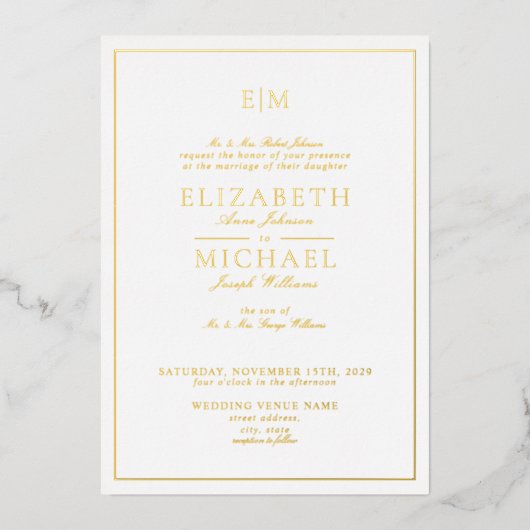 Invitation En Aluminium Élégant Script classique Monogramme Mariage or (Recto)