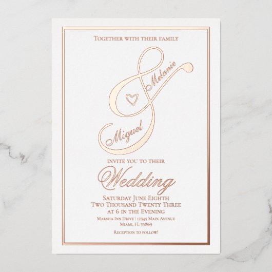 Invitation En Aluminium Élégant Script Coeur Ampersand Mariage Pressé (Recto)