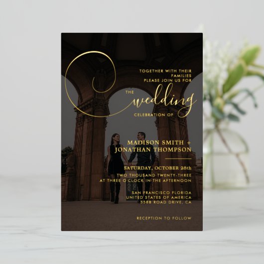 Invitation En Aluminium Élégant script de calligraphie gris foncé Mariage  (Debout devant)