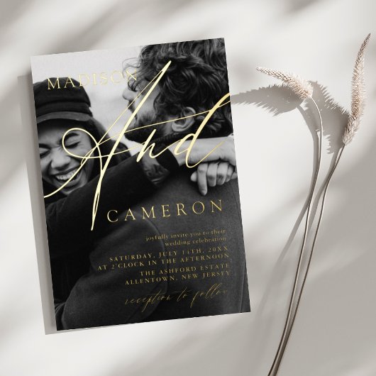 Invitation En Aluminium Élégant script de calligraphie Photo Mariage Gold