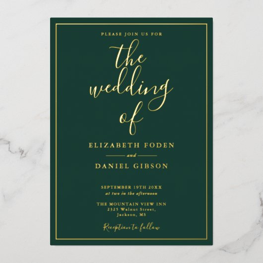 Invitation En Aluminium Élégant Script Emerald Green Mariage Gold (Recto)