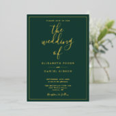 Invitation En Aluminium Élégant Script Emerald Green Mariage Gold (Debout devant)