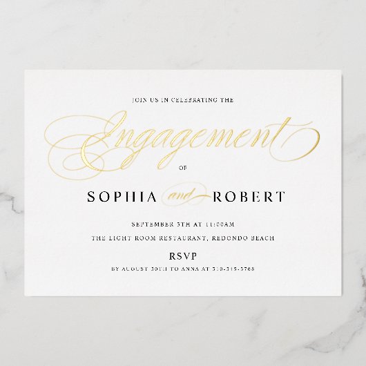Invitation En Aluminium Élégant Script Engagement Party Gold (Recto)