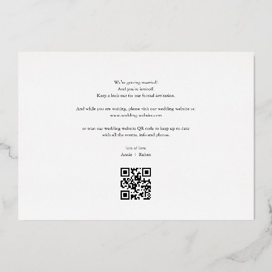 Invitation En Aluminium Élégant Script Enregistrer la Date Photo QR Code (Verso)