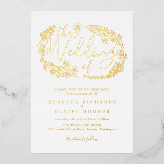 Invitation En Aluminium Élégant Script Foliage Mariage Gold Foil Invitatia (Recto)