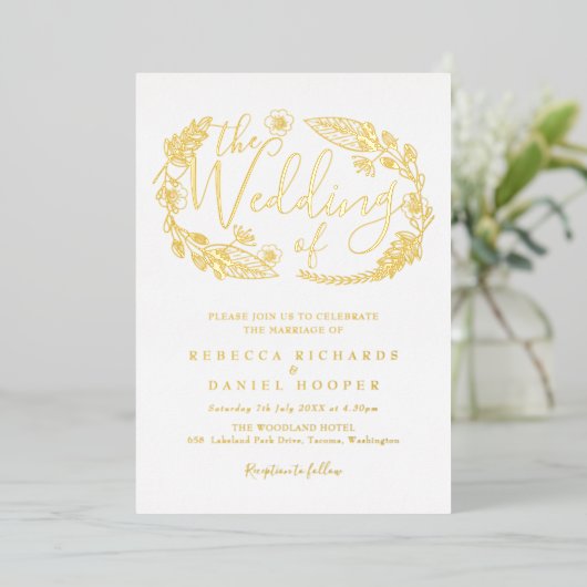 Invitation En Aluminium Élégant Script Foliage Mariage Gold Foil Invitatia (Debout devant)