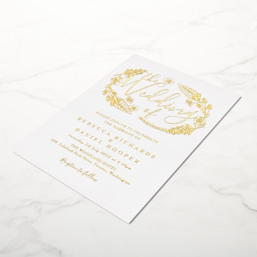 Invitation En Aluminium Élégant Script Foliage Mariage Gold Foil Invitatia (Rotation)